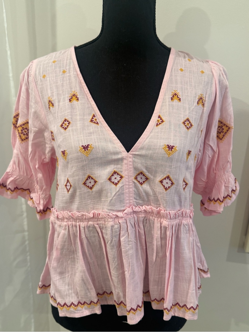 Petal & Pup Light Pink Embroidered V-Neck Peplum Top